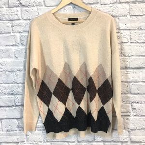 Charter Club Luxury 100% Cashmere Argyle Sweater Womens Size Large Tan Brown NWT
